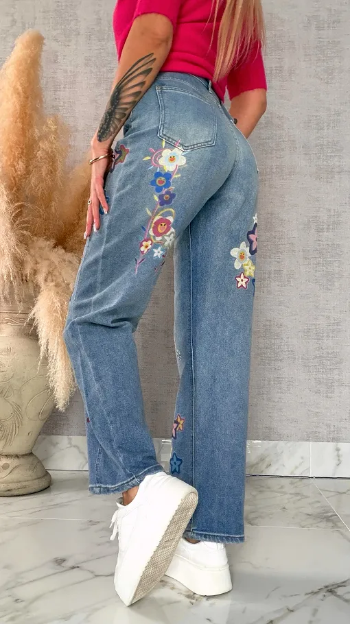 Oryginalne spodnie jeansowe BLUE JEANS z malowanymi kwiatami - R621