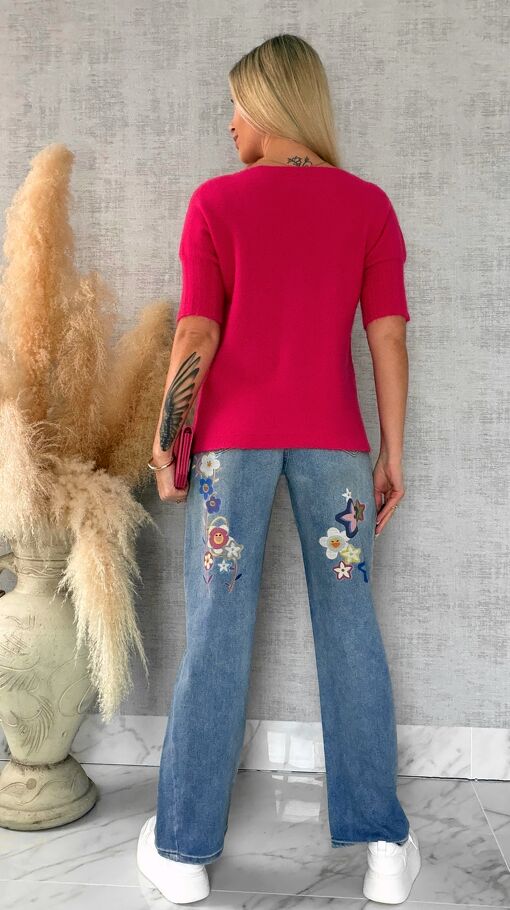 Oryginalne spodnie jeansowe BLUE JEANS z malowanymi kwiatami - R621