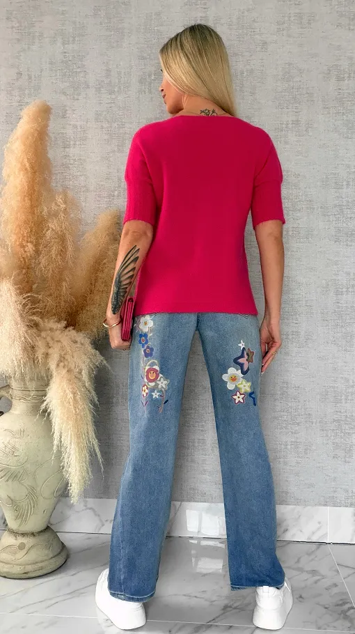 Oryginalne spodnie jeansowe BLUE JEANS z malowanymi kwiatami - R621