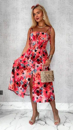 Oryginalna sukienka w kolorowe kwiaty RED cała zapinana ONE SIZE - P809A