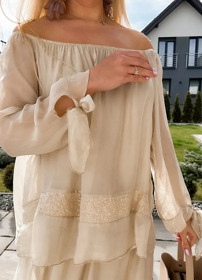 Dwuwarstwowa jedwabna MAXI sukienka BEŻOWA - M953