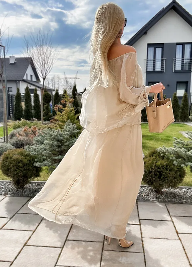 Dwuwarstwowa jedwabna MAXI sukienka BEŻOWA - M953