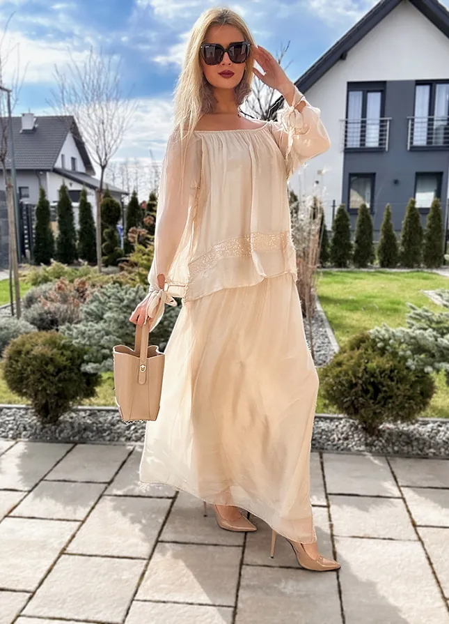 Dwuwarstwowa jedwabna MAXI sukienka BEŻOWA - M953