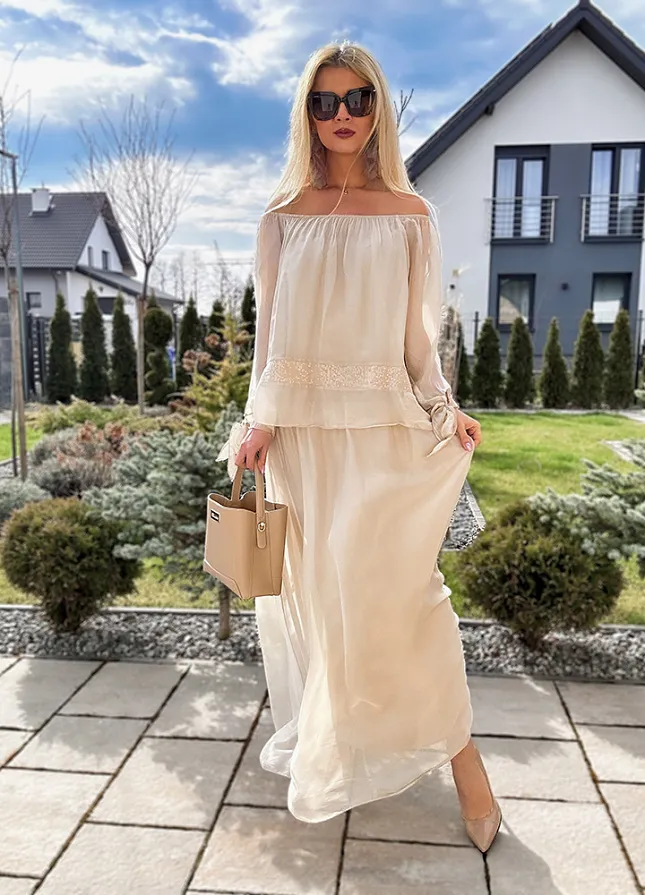 Dwuwarstwowa jedwabna MAXI sukienka BEŻOWA - M953