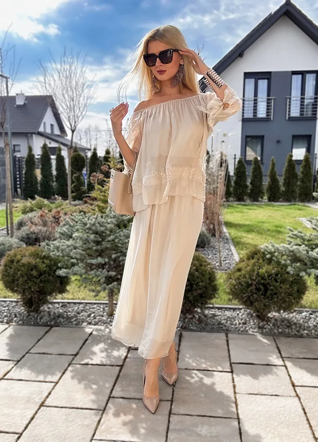 Dwuwarstwowa jedwabna MAXI sukienka BEŻOWA - M953