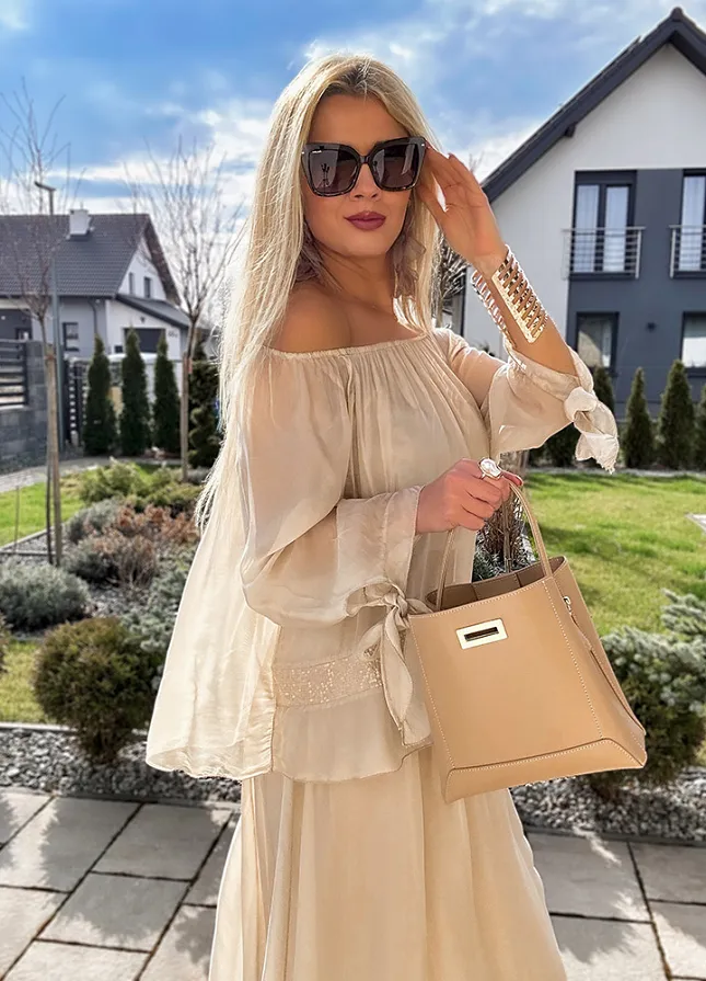 Dwuwarstwowa jedwabna MAXI sukienka BEŻOWA - M953