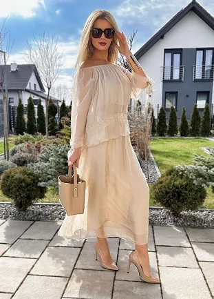 Dwuwarstwowa jedwabna MAXI sukienka BEŻOWA - M953