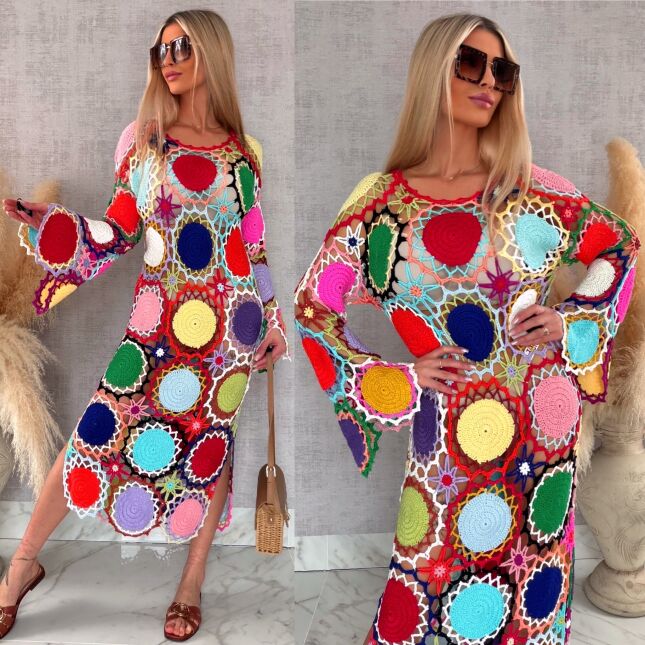 Premium MAXI sukienka w stylu szydełkowym multi kolor ONE SIZE - R706