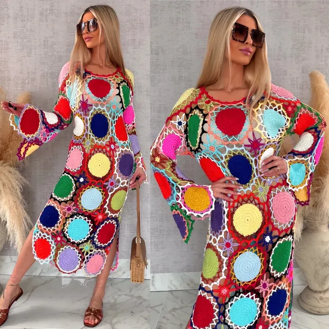 Premium MAXI sukienka w stylu szydełkowym multi kolor ONE SIZE - R706