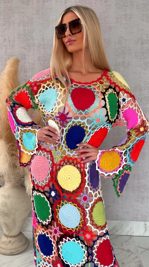 Premium MAXI sukienka w stylu szydełkowym multi kolor ONE SIZE - R706