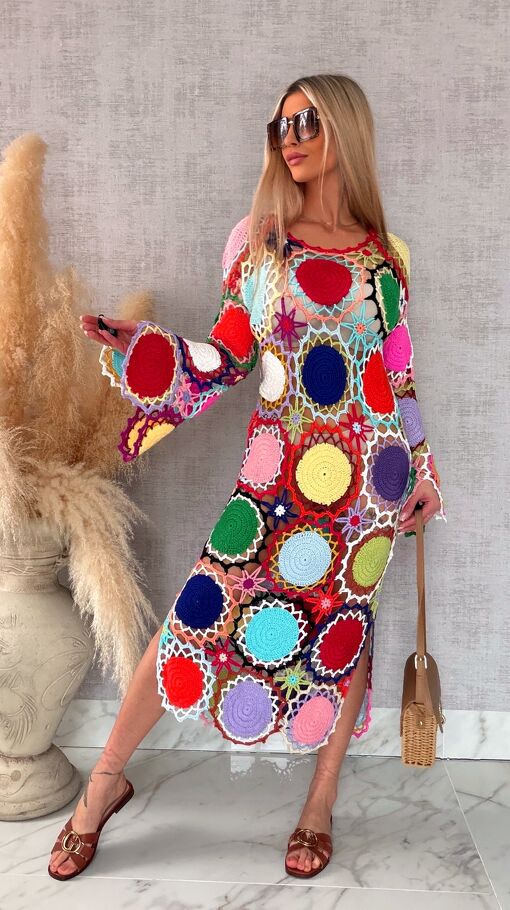 Premium MAXI sukienka w stylu szydełkowym multi kolor ONE SIZE - R706