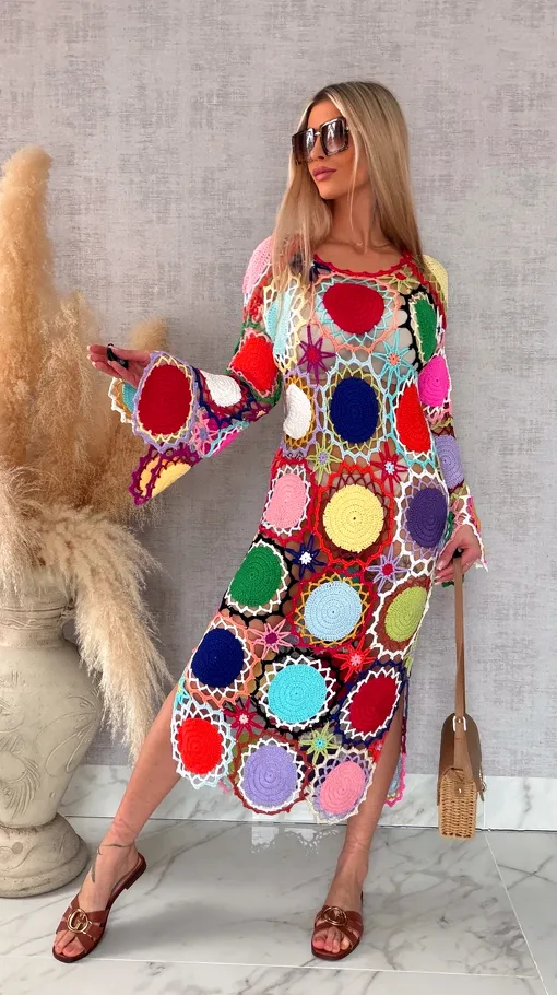 Premium MAXI sukienka w stylu szydełkowym multi kolor ONE SIZE - R706