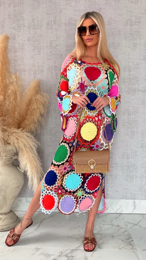 Premium MAXI sukienka w stylu szydełkowym multi kolor ONE SIZE - R706