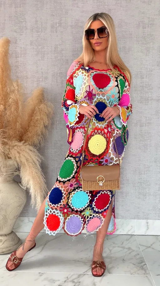 Premium MAXI sukienka w stylu szydełkowym multi kolor ONE SIZE - R706