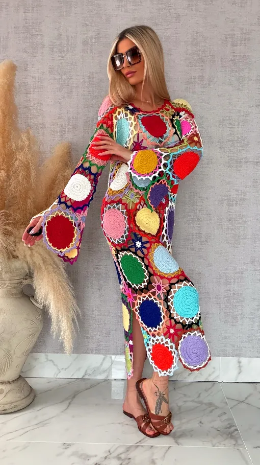 Premium MAXI sukienka w stylu szydełkowym multi kolor ONE SIZE - R706