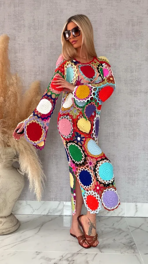 Premium MAXI sukienka w stylu szydełkowym multi kolor ONE SIZE - R706