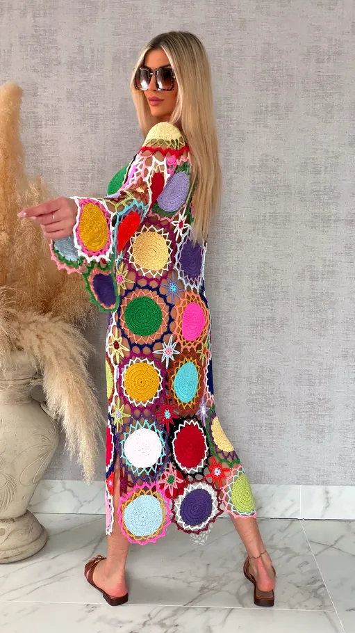 Premium MAXI sukienka w stylu szydełkowym multi kolor ONE SIZE - R706