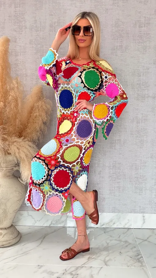 Premium MAXI sukienka w stylu szydełkowym multi kolor ONE SIZE - R706