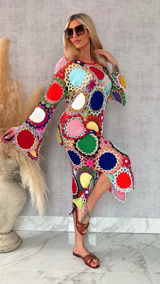 Premium MAXI sukienka w stylu szydełkowym multi kolor ONE SIZE - R706