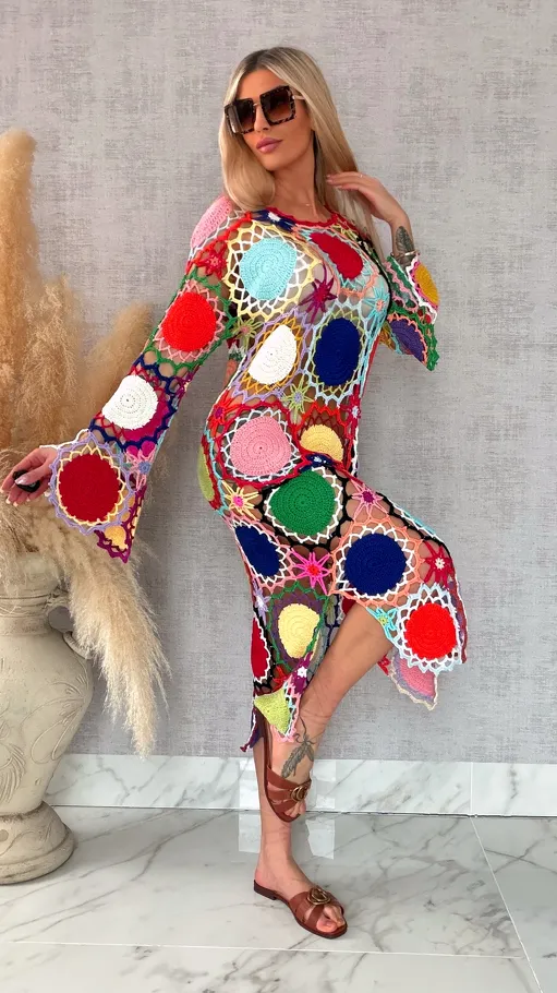 Premium MAXI sukienka w stylu szydełkowym multi kolor ONE SIZE - R706