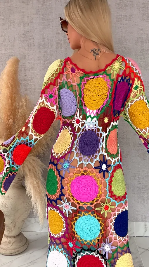 Premium MAXI sukienka w stylu szydełkowym multi kolor ONE SIZE - R706