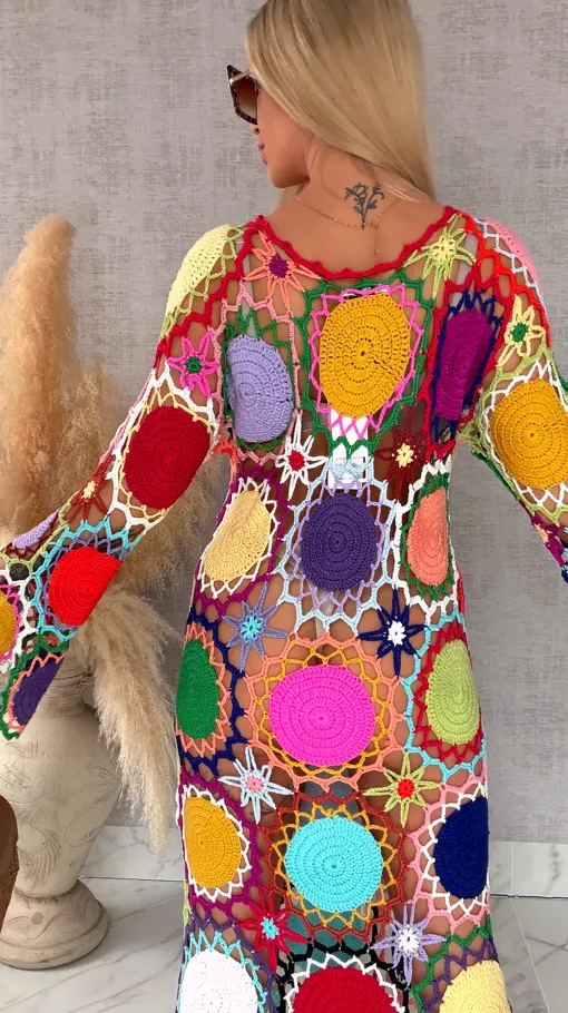 Premium MAXI sukienka w stylu szydełkowym multi kolor ONE SIZE - R706