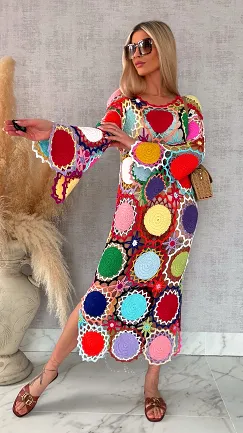 Premium MAXI sukienka w stylu szydełkowym multi kolor ONE SIZE - R706