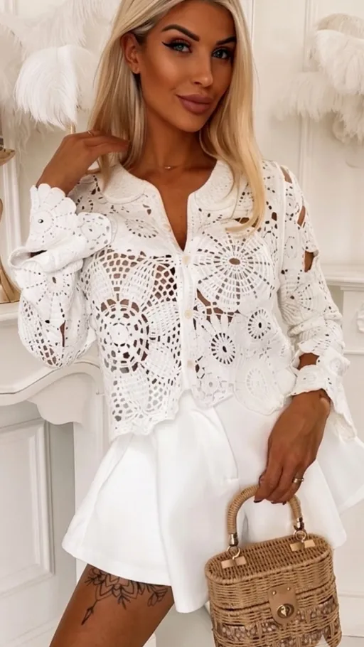 Lekki biały sweter na guziki w szydełkowym stylu ONE SIZE - R919