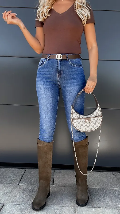 Super elastyczne spodnie jeansowe BLUE JEANS z brązowym paskiem - P996