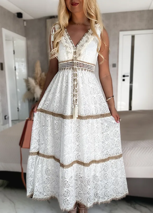 Ekskluzywna BIAŁA maxi sukienka w stylu BOHO z pięknie zdobionym dekoltem - N139