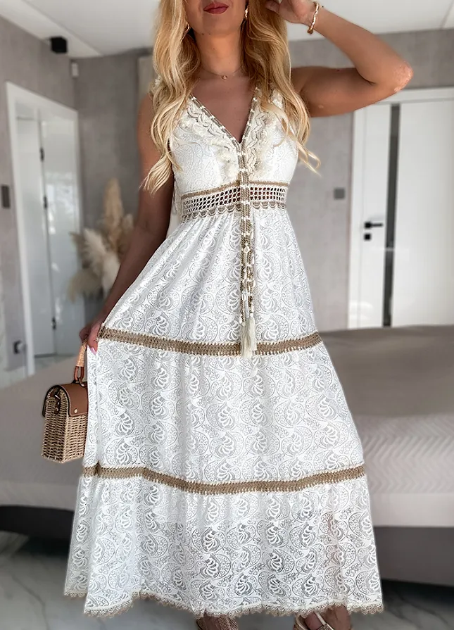 Ekskluzywna BIAŁA maxi sukienka w stylu BOHO z pięknie zdobionym dekoltem - N139