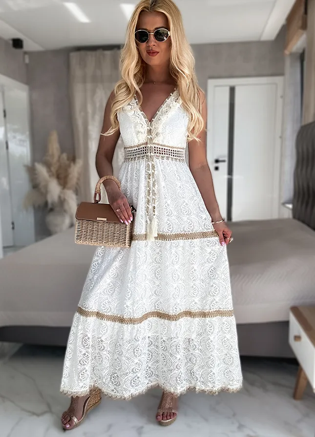 Ekskluzywna BIAŁA maxi sukienka w stylu BOHO z pięknie zdobionym dekoltem - N139