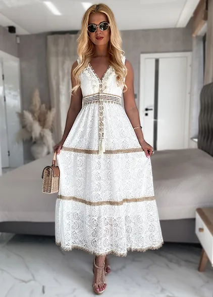 Ekskluzywna BIAŁA maxi sukienka w stylu BOHO z pięknie zdobionym dekoltem - N139