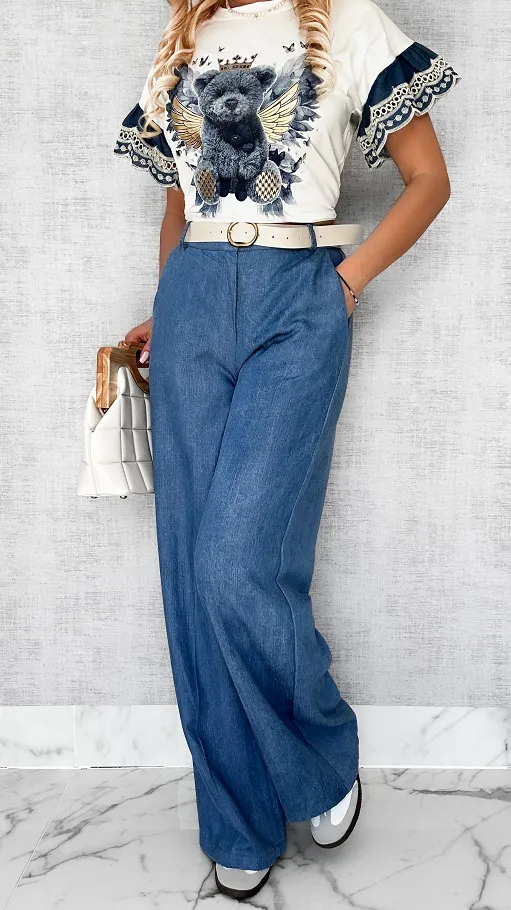 Wygodne miękkie spodnie jeansowe z paskiem ONE SIZE - P446