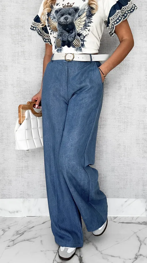 Wygodne miękkie spodnie jeansowe z paskiem ONE SIZE - P446