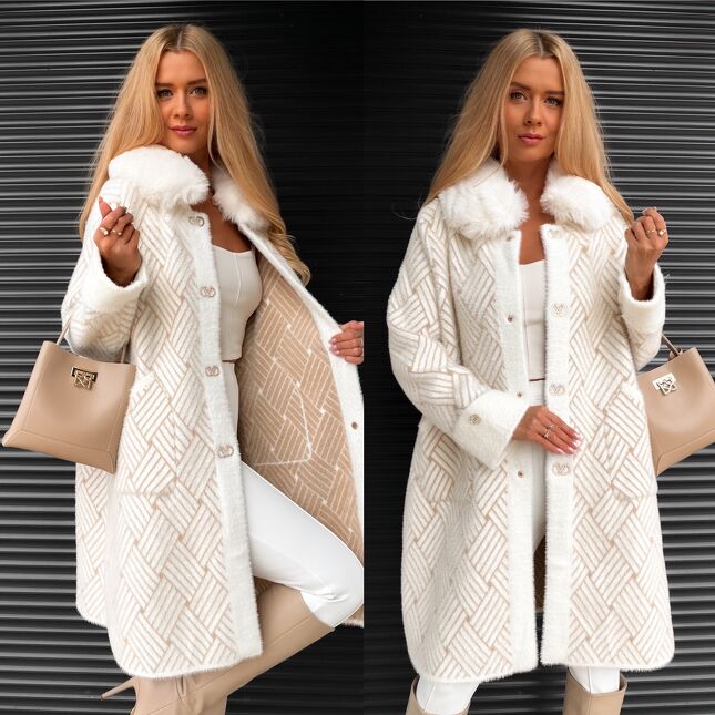 Elegancki wełniany płaszcz ALPAKA wzór warkocz ONE SIZE - S395