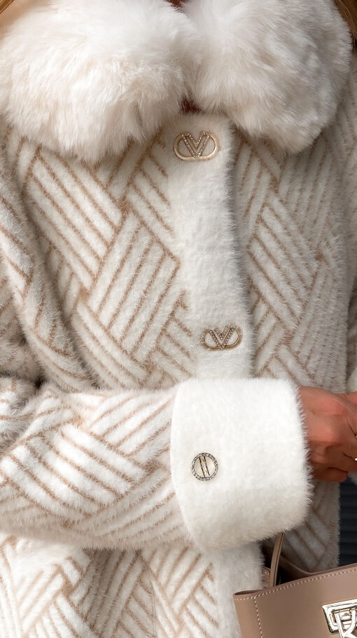 Elegancki wełniany płaszcz ALPAKA wzór warkocz ONE SIZE - S395