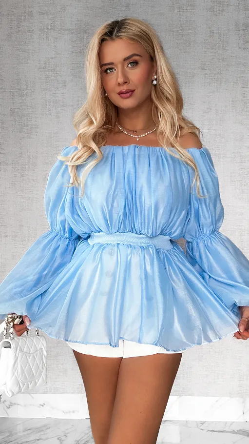 Niebieska bluzka hiszpanka z bufiastymi rękawami - P535