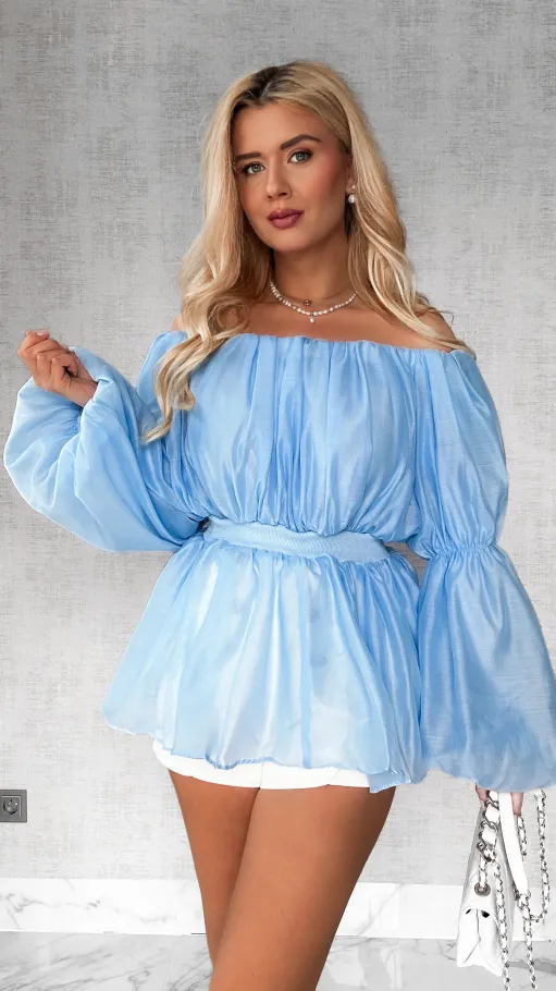 Niebieska bluzka hiszpanka z bufiastymi rękawami - P535