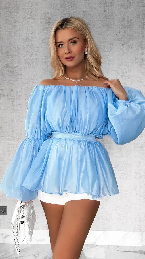 Niebieska bluzka hiszpanka z bufiastymi rękawami - P535