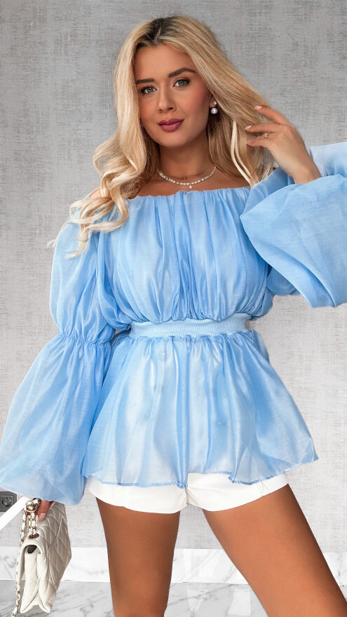 Niebieska bluzka hiszpanka z bufiastymi rękawami - P535