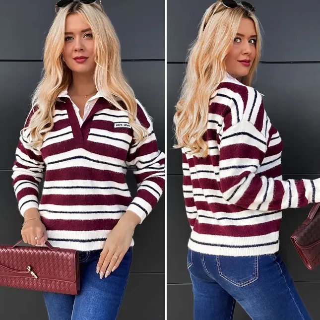 Elegancki sweter LOVE w bordowe paski z koszulową wstawką ONE SIZE - R090A
