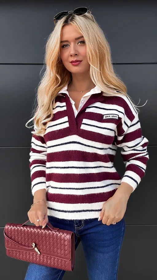 Elegancki sweter LOVE w bordowe paski z koszulową wstawką ONE SIZE - R090A