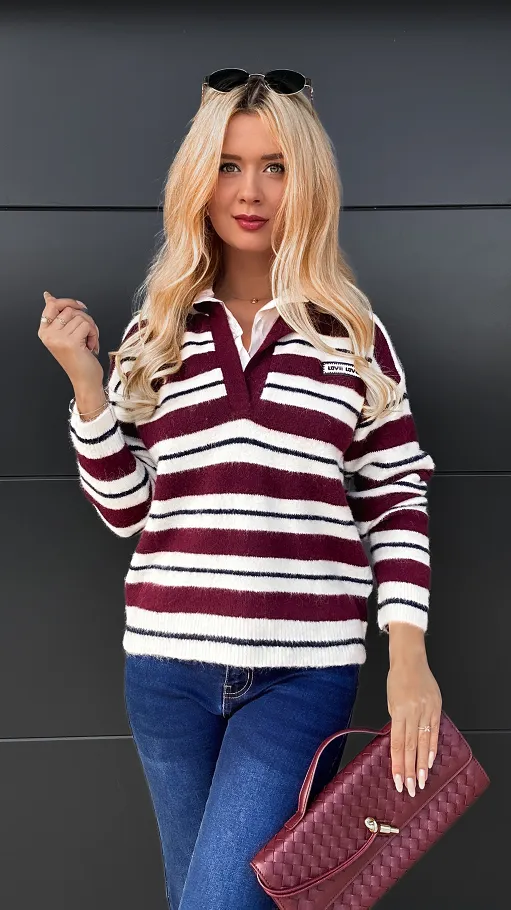 Elegancki sweter LOVE w bordowe paski z koszulową wstawką ONE SIZE - R090A