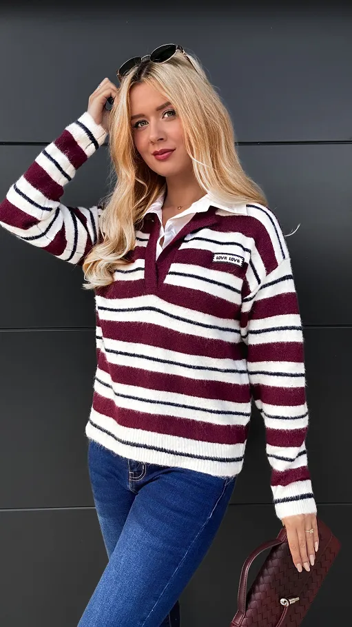 Elegancki sweter LOVE w bordowe paski z koszulową wstawką ONE SIZE - R090A
