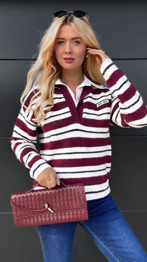 Elegancki sweter LOVE w bordowe paski z koszulową wstawką ONE SIZE - R090A
