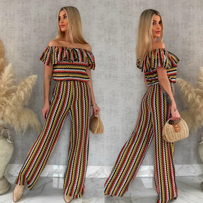 Oryginalny komplet w kolorowe paski bluzka hiszpanka + spodnie ONE SIZE - R886