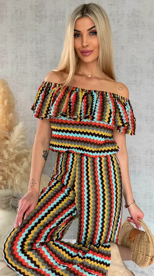 Oryginalny komplet w kolorowe paski bluzka hiszpanka + spodnie ONE SIZE - R886