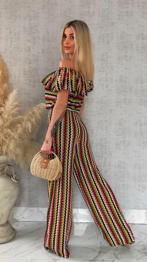 Oryginalny komplet w kolorowe paski bluzka hiszpanka + spodnie ONE SIZE - R886