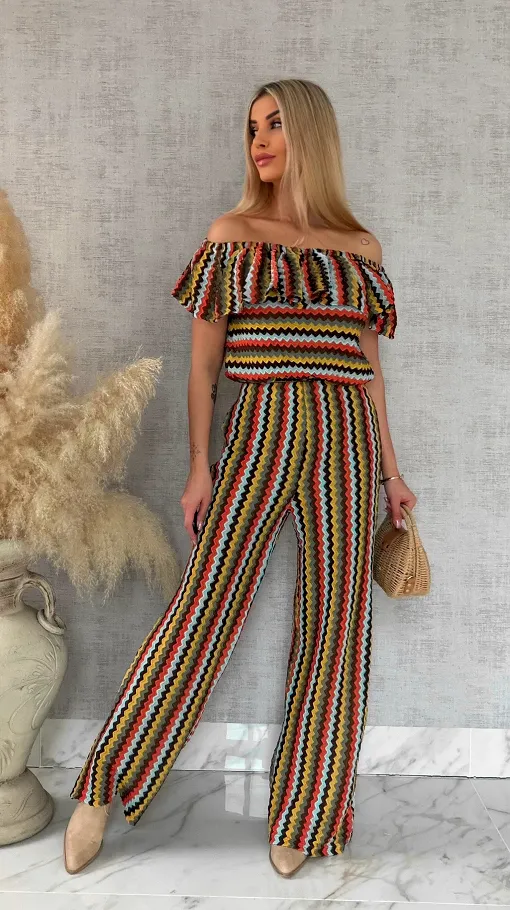 Oryginalny komplet w kolorowe paski bluzka hiszpanka + spodnie ONE SIZE - R886